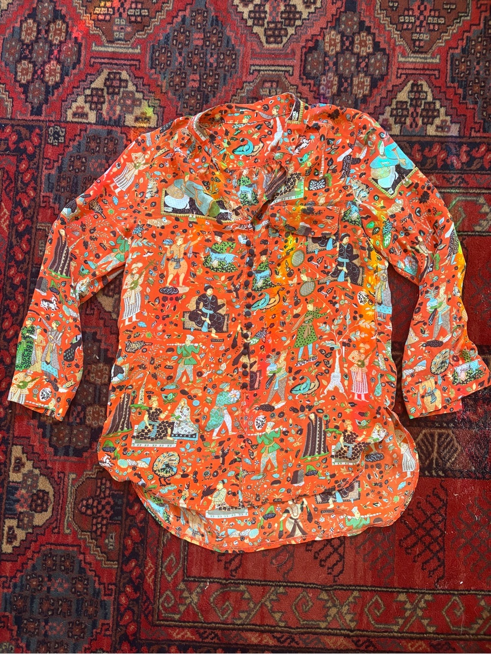 Women's Bright Orange 100% Silk Printed Button-Front Blouse